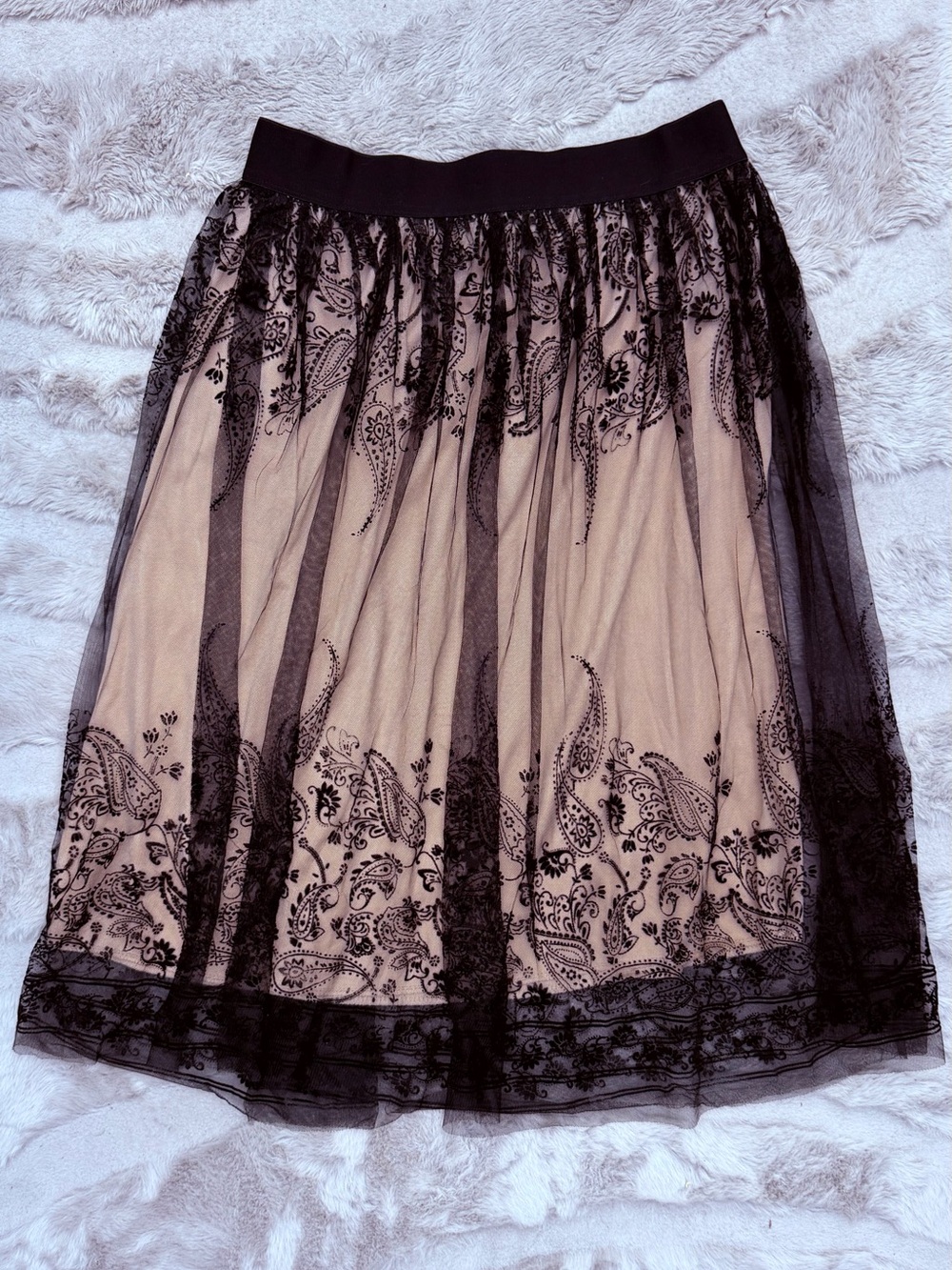 Black Lace Overlay Midi Skirt with Nude Lining